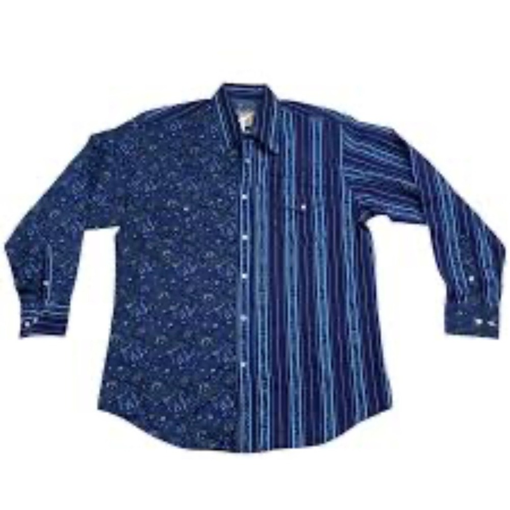 VTG‎ Express Rider 2XL Western Pearl Snap Shirt Blue Paisley Stripe Split Panel